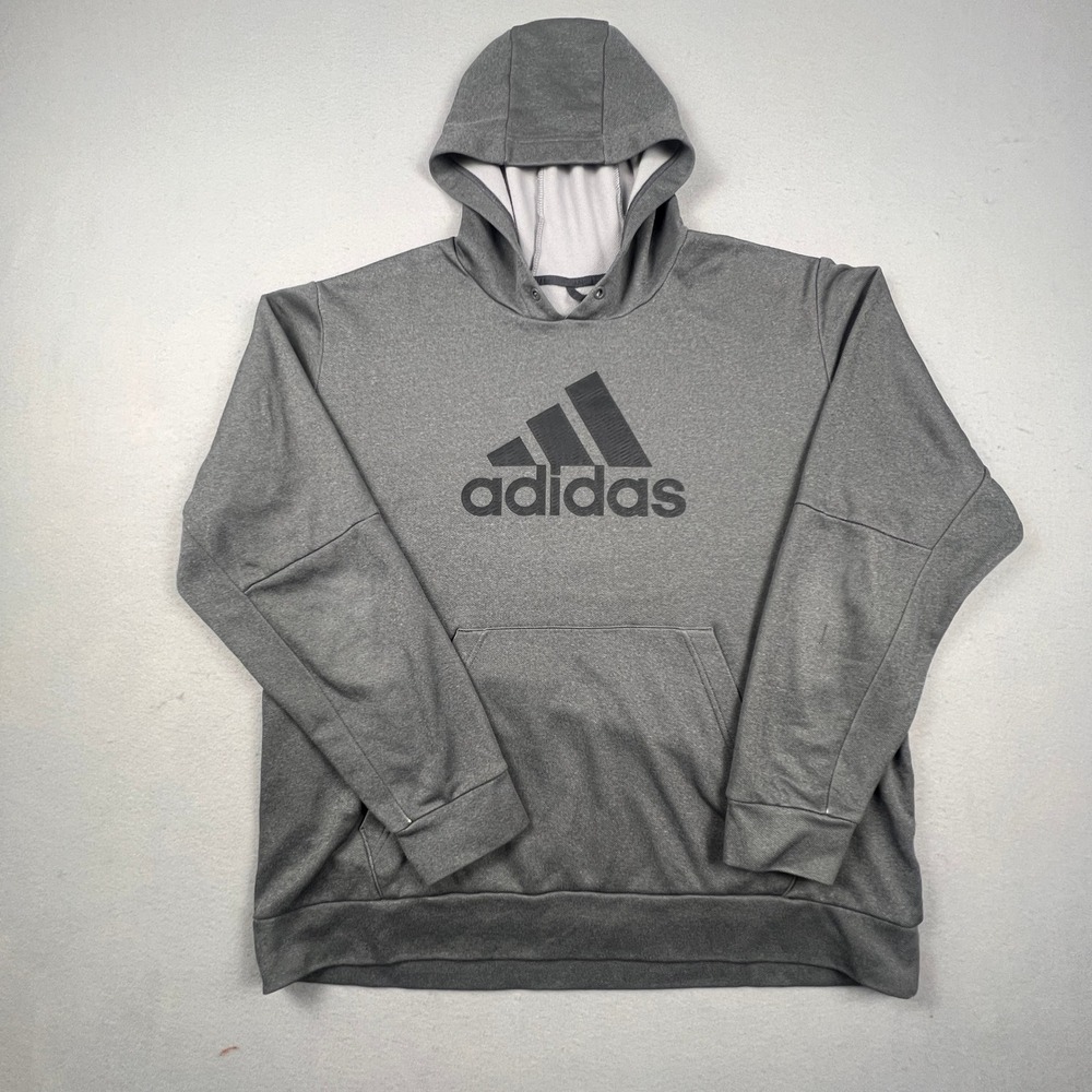 Adidas Hoodie Pullover Mens 2XL Grey Logo Graphic Athletic Gym Sporty Sweatshirt